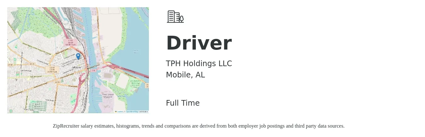 TPH Holdings LLC job posting for a Driver in Mobile, AL with a salary of $13 to $16 Hourly with a map of Mobile location.