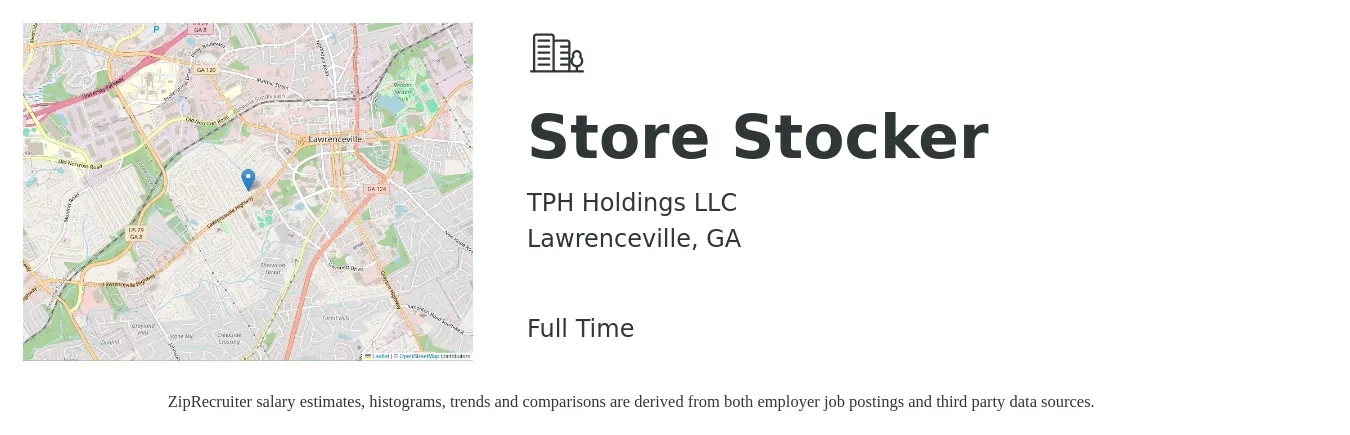 TPH Holdings LLC job posting for a Store Stocker in Lawrenceville, GA with a salary of $13 to $16 Hourly with a map of Lawrenceville location.