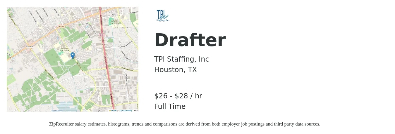 TPI Staffing, Inc job posting for a Drafter in Houston, TX with a salary of $28 to $30 Hourly with a map of Houston location.