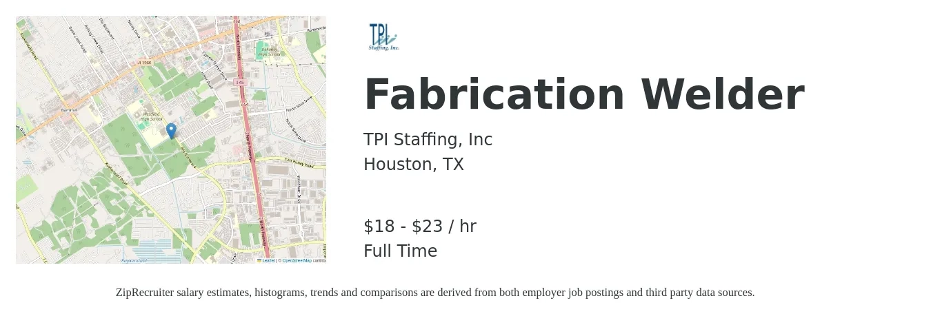 TPI Staffing, Inc job posting for a Fabrication Welder in Houston, TX with a salary of $19 to $24 Hourly with a map of Houston location.