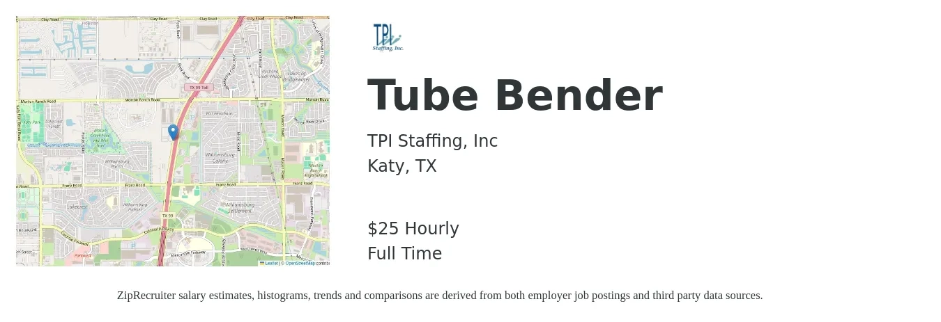 TPI Staffing, Inc job posting for a Tube Bender in Katy, TX with a salary of $27 Hourly with a map of Katy location.