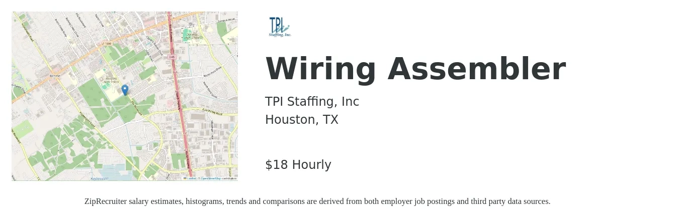 TPI Staffing, Inc job posting for a Wiring Assembler in Houston, TX with a salary of $19 Hourly with a map of Houston location.