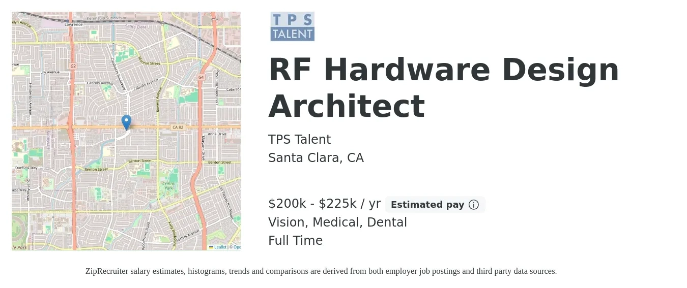 TPS Talent job posting for a RF Hardware Design Architect in Santa Clara, CA with a salary of $200,000 to $225,000 Yearly and benefits including retirement, vision, dental, and medical with a map of Santa Clara location.