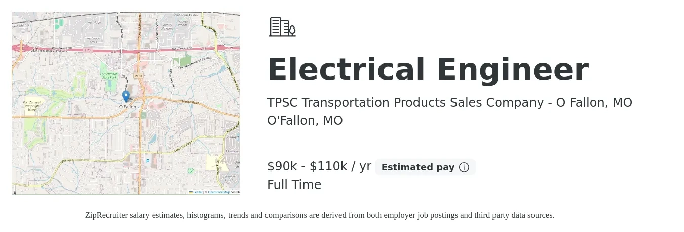 TPSC Transportation Products Sales Company - O Fallon, MO job posting for a Electrical Engineer in O'Fallon, MO with a salary of $90,000 to $110,000 Yearly with a map of O'Fallon location.