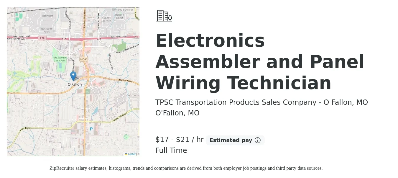 TPSC Transportation Products Sales Company - O Fallon, MO job posting for a Electronics Assembler and Panel Wiring Technician in O'Fallon, MO with a salary of $18 to $22 Hourly with a map of O'Fallon location.