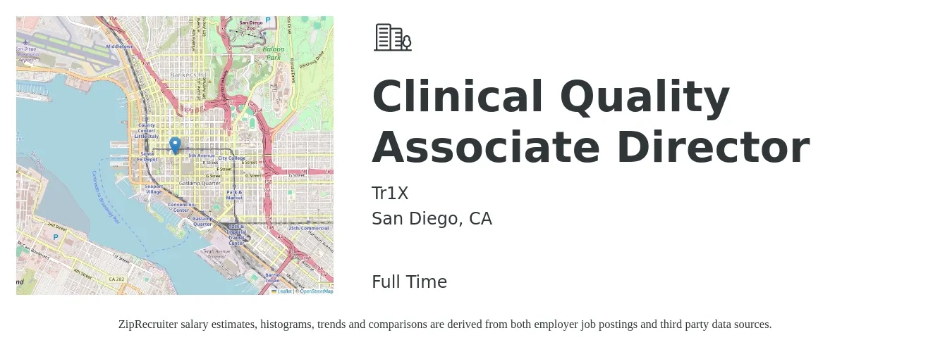 Tr1X job posting for a Clinical Quality Associate Director in San Diego, CA with a salary of $96,600 to $160,300 Yearly with a map of San Diego location.