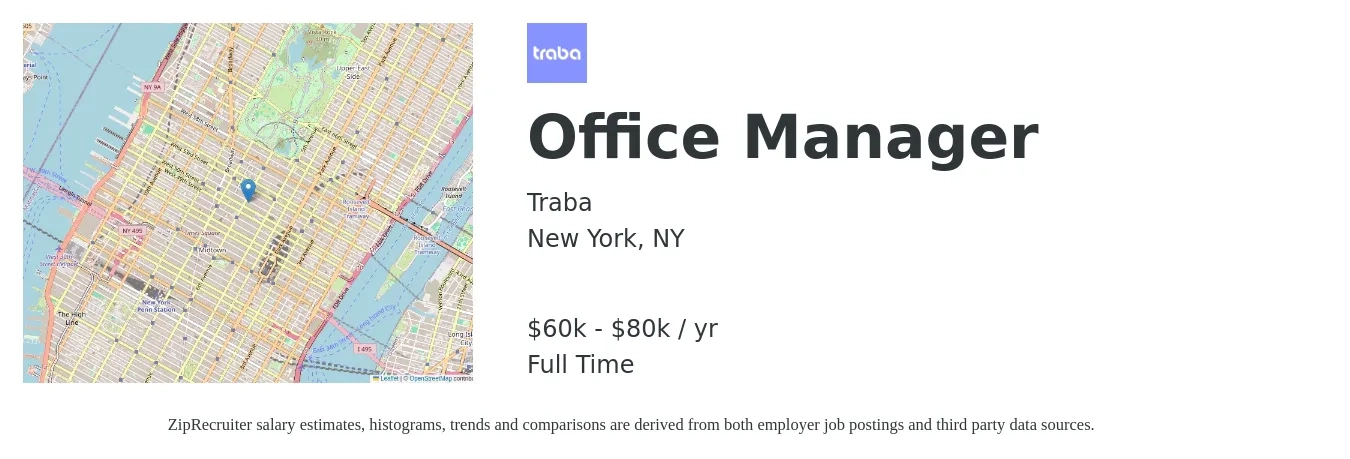 Traba job posting for a Office Manager in New York, NY with a salary of $60,000 to $80,000 Yearly with a map of New York location.