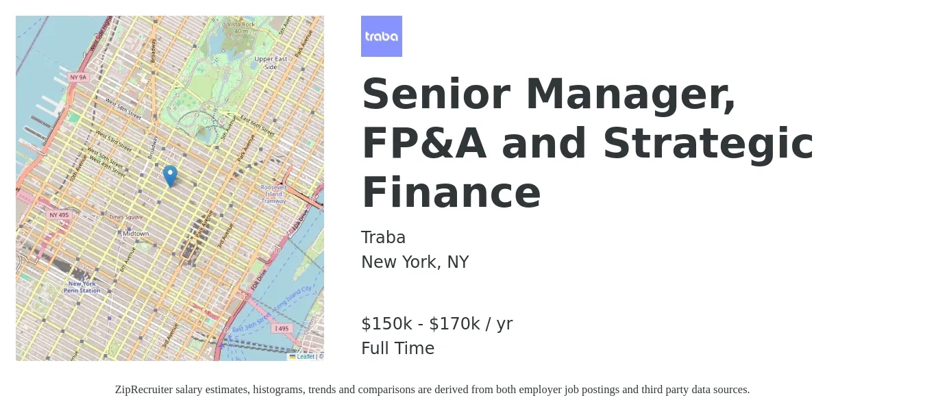 Traba job posting for a Senior Manager, FP&A and Strategic Finance in New York, NY with a salary of $150,000 to $170,000 Yearly with a map of New York location.