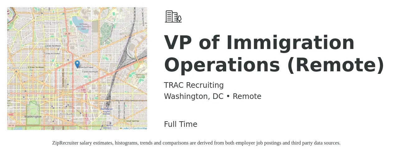 TRAC Recruiting job posting for a VP of Immigration Operations (Remote) in Washington, DC with a salary of $130,800 to $209,500 Yearly with a map of Washington location.