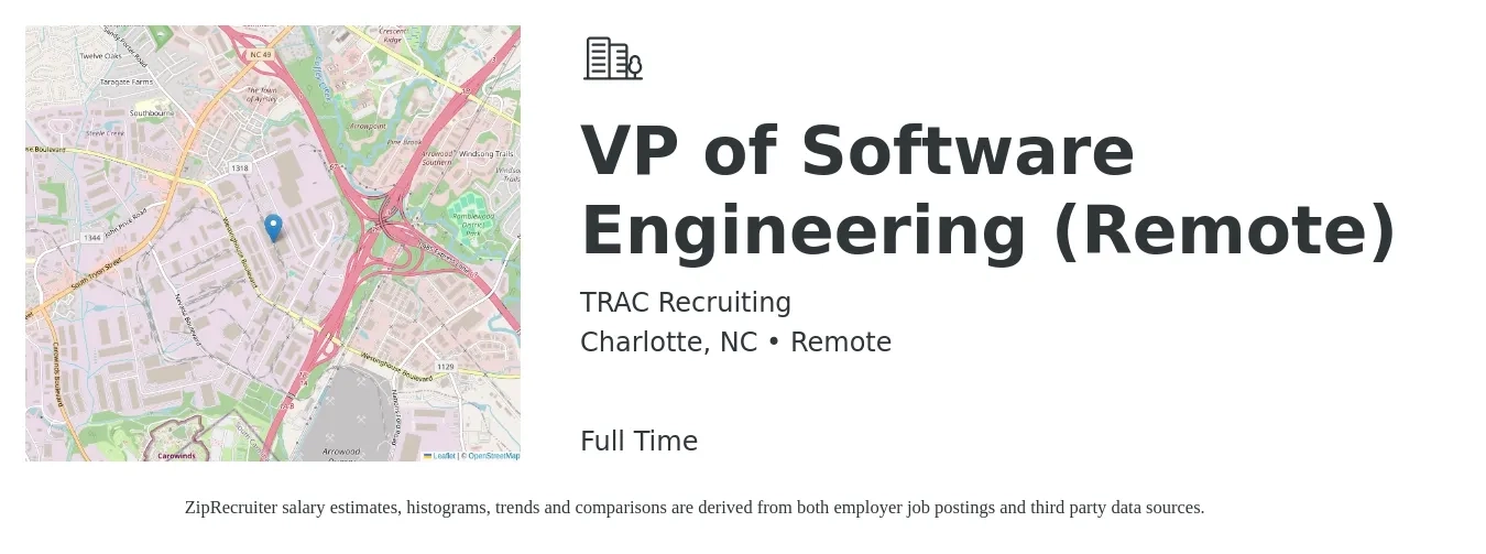 TRAC Recruiting job posting for a VP of Software Engineering (Remote) in Charlotte, NC with a salary of $159,700 to $219,800 Yearly with a map of Charlotte location.