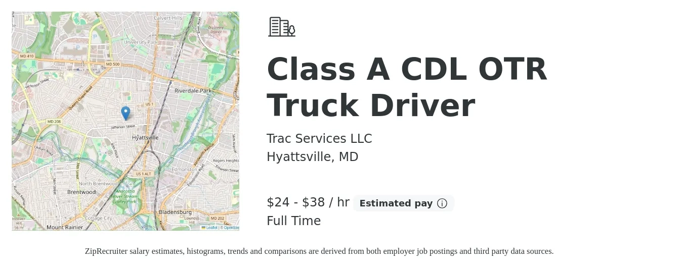 Trac Services LLC job posting for a Class A CDL OTR Truck Driver in Hyattsville, MD with a salary of $25 to $40 Hourly with a map of Hyattsville location.