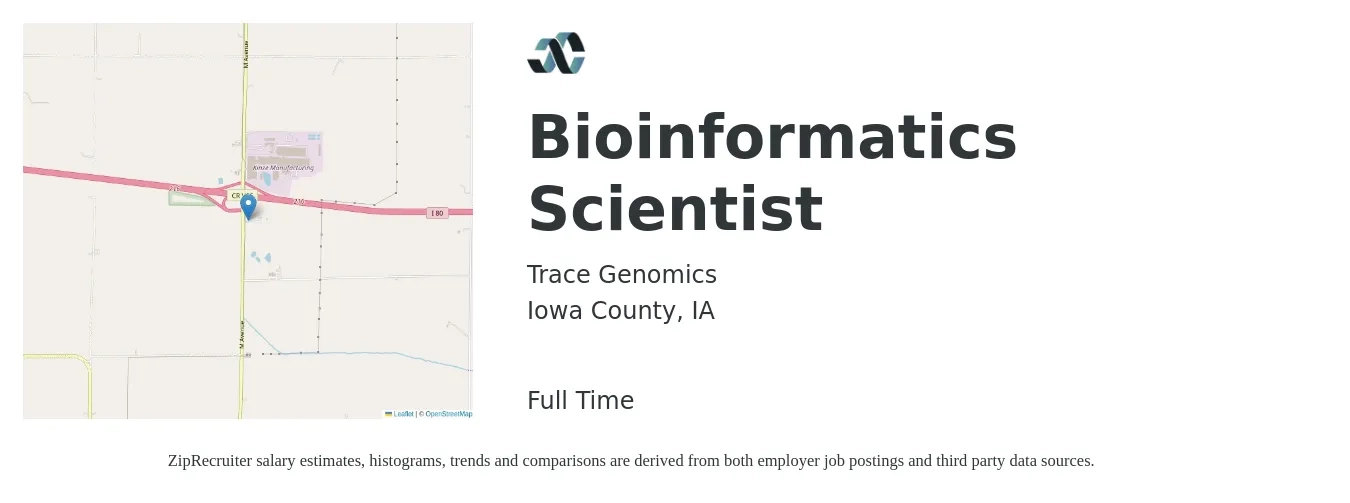 Trace Genomics job posting for a Bioinformatics Scientist in Iowa County, IA with a salary of $44 to $61 Hourly with a map of Iowa County location.