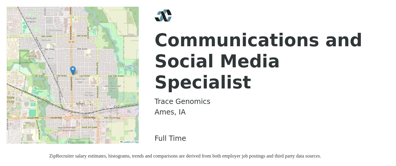 Trace Genomics job posting for a Communications and Social Media Specialist in Ames, IA with a salary of $52,300 to $69,500 Yearly with a map of Ames location.