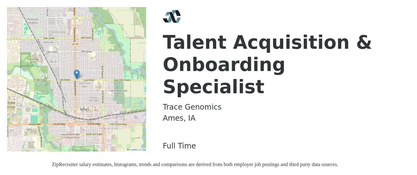 Trace Genomics job posting for a Talent Acquisition & Onboarding Specialist in Ames, IA with a salary of $48,900 to $68,500 Yearly with a map of Ames location.