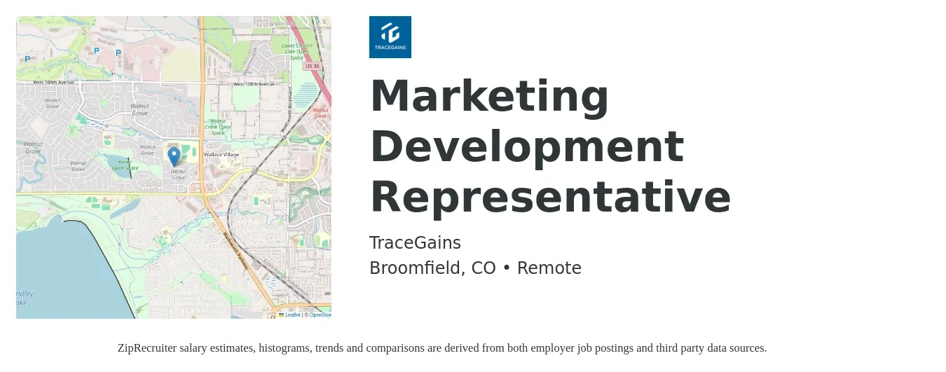 TraceGains job posting for a Marketing Development Representative in Broomfield, CO with a salary of $59,000 to $70,000 Yearly with a map of Broomfield location.