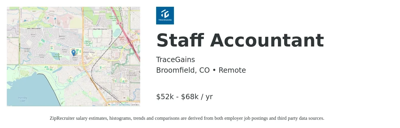 TraceGains job posting for a Staff Accountant in Broomfield, CO with a salary of $52,000 to $68,000 Yearly with a map of Broomfield location.