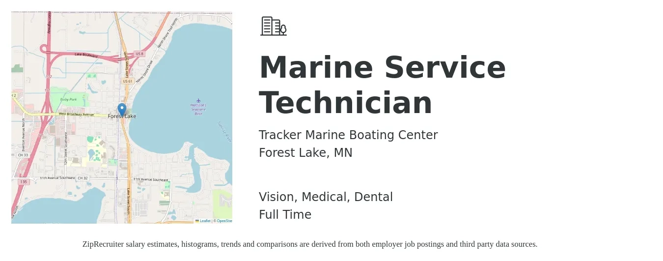 Tracker Marine Boating Center job posting for a Marine Service Technician in Forest Lake, MN with a salary of $23 to $33 Hourly and benefits including medical, pto, retirement, vision, dental, and life_insurance with a map of Forest Lake location.