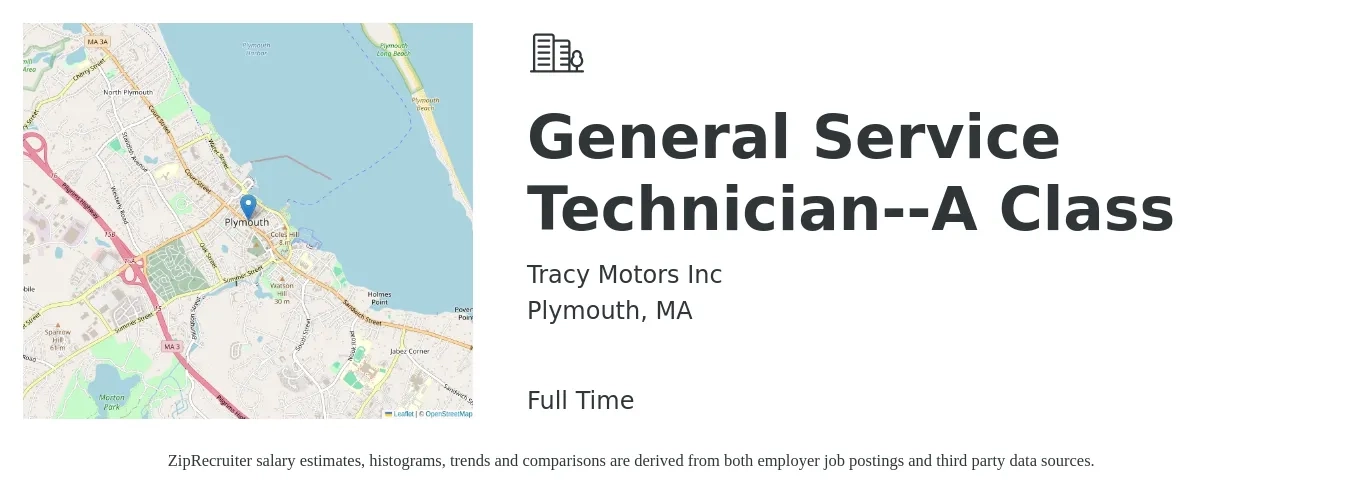 Tracy Motors Inc job posting for a General Service Technician--A Class in Plymouth, MA with a salary of $21 to $34 Hourly with a map of Plymouth location.