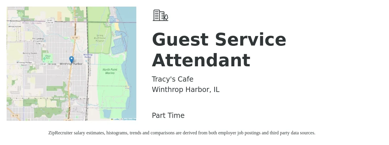 Tracy's Cafe job posting for a Guest Service Attendant in Winthrop Harbor, IL with a salary of $12 to $18 Hourly with a map of Winthrop Harbor location.