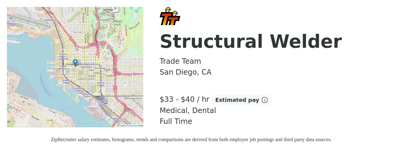 Trade Team job posting for a Structural Welder in San Diego, CA with a salary of $35 to $42 Hourly and benefits including life_insurance, medical, and dental with a map of San Diego location.