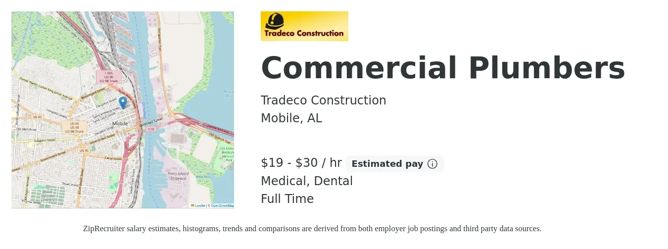 Tradeco Construction job posting for a Commercial Plumbers in Mobile, AL with a salary of $20 to $32 Hourly and benefits including dental, and medical with a map of Mobile location.