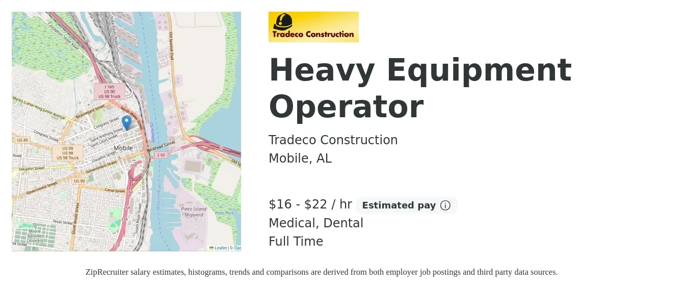 Tradeco Construction job posting for a Heavy Equipment Operator in Mobile, AL with a salary of $17 to $23 Hourly and benefits including dental, and medical with a map of Mobile location.