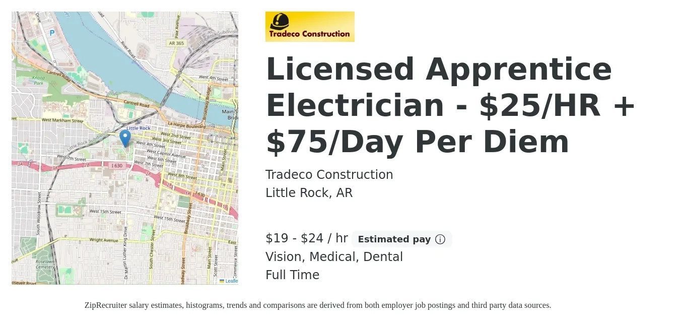 Tradeco Construction job posting for a Licensed Apprentice Electrician - $25/HR + $75/Day Per Diem in Little Rock, AR with a salary of $20 to $25 Hourly and benefits including medical, vision, and dental with a map of Little Rock location.