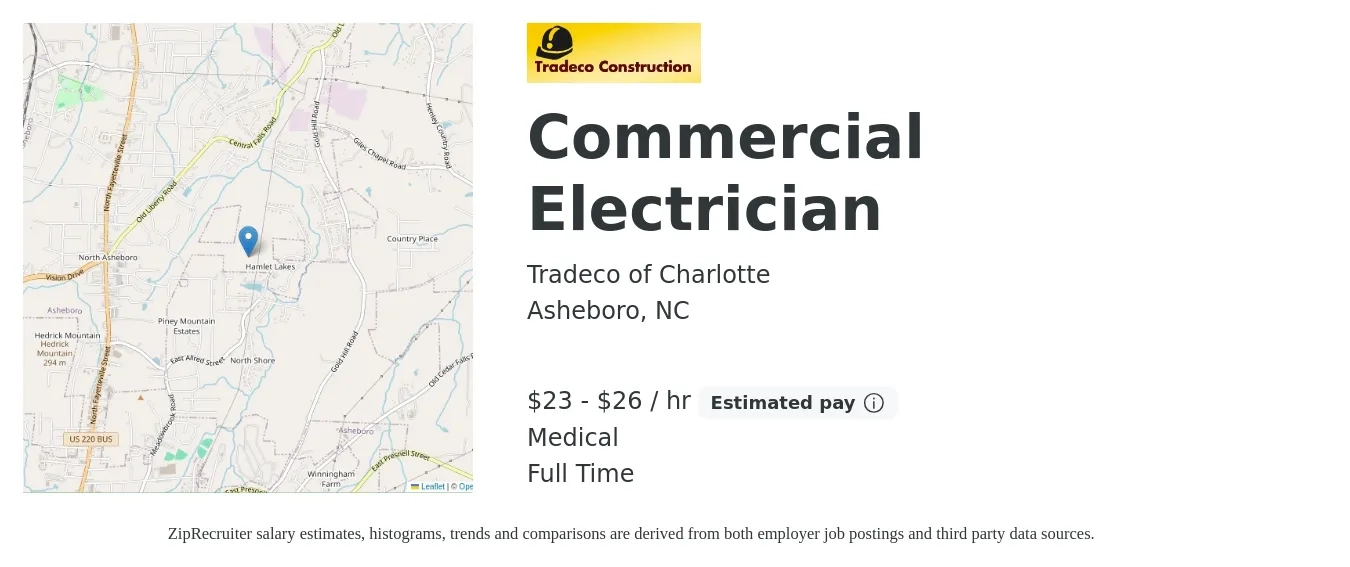 Tradeco of Charlotte job posting for a Commercial Electrician in Asheboro, NC with a salary of $24 to $28 Hourly and benefits including pto, and medical with a map of Asheboro location.