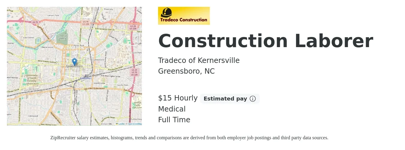 Tradeco of Kernersville job posting for a Construction Laborer in Greensboro, NC with a salary of $16 Hourly and benefits including retirement, and medical with a map of Greensboro location.