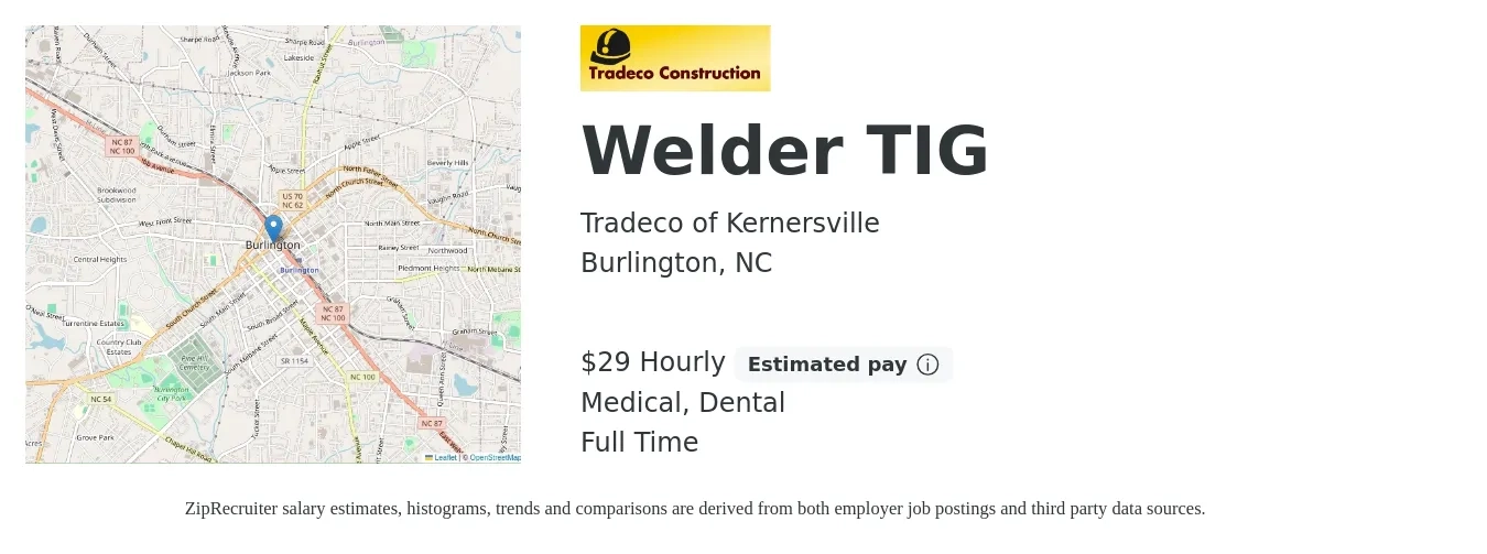 Tradeco of Kernersville job posting for a Welder TIG in Burlington, NC with a salary of $28 Hourly and benefits including dental, and medical with a map of Burlington location.