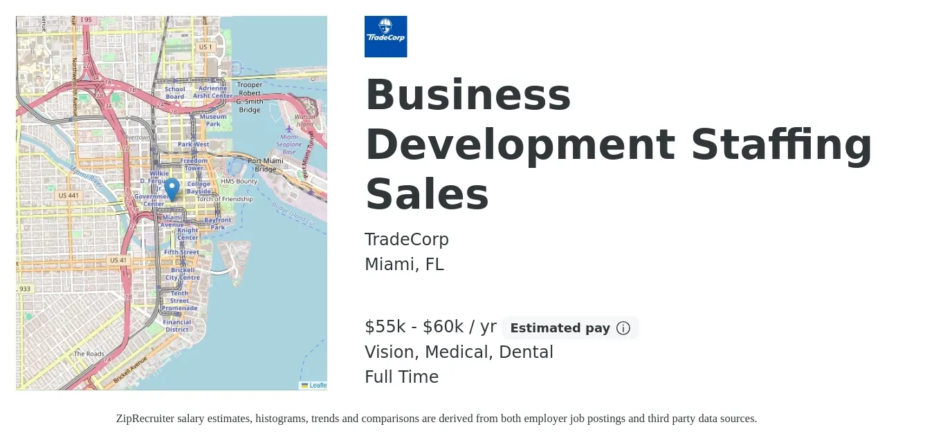 TradeCorp job posting for a Business Development Staffing Sales in Miami, FL with a salary of $55,000 to $60,000 Yearly and benefits including life_insurance, medical, retirement, vision, and dental with a map of Miami location.