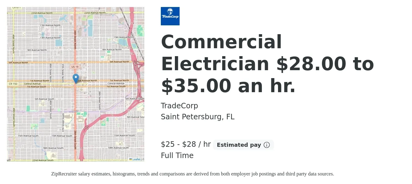 TradeCorp job posting for a Commercial Electrician $28.00 to $35.00 an hr. in Saint Petersburg, FL with a salary of $26 to $30 Hourly with a map of Saint Petersburg location.