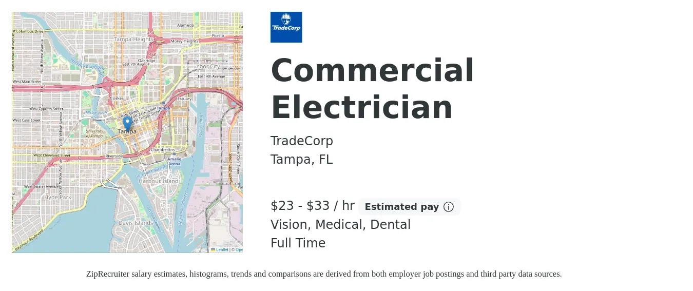 TradeCorp job posting for a Commercial Electrician in Tampa, FL with a salary of $24 to $35 Hourly and benefits including vision, dental, life_insurance, and medical with a map of Tampa location.