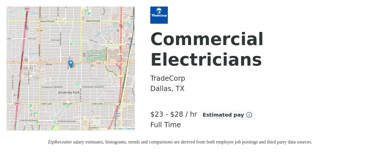 TradeCorp job posting for a Commercial Electricians in Dallas, TX with a salary of $24 to $30 Hourly with a map of Dallas location.