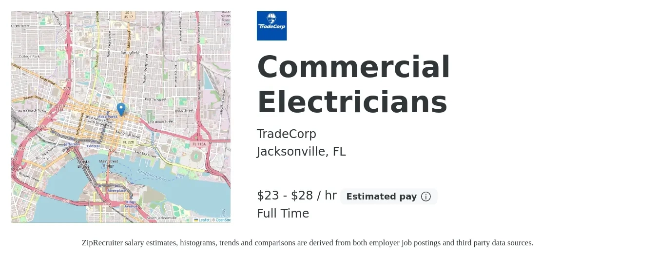 TradeCorp job posting for a Commercial Electricians in Jacksonville, FL with a salary of $24 to $30 Hourly with a map of Jacksonville location.