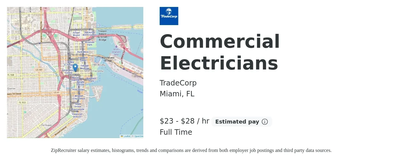 TradeCorp job posting for a Commercial Electricians in Miami, FL with a salary of $24 to $30 Hourly with a map of Miami location.