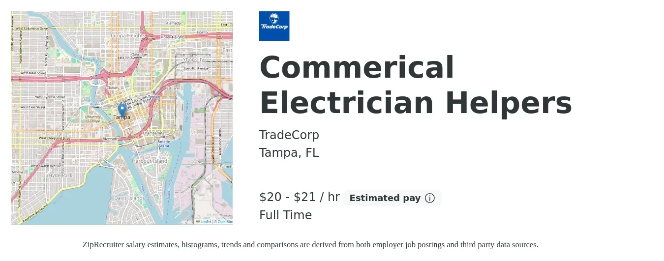 TradeCorp job posting for a Commerical Electrician Helpers in Tampa, FL with a salary of $21 to $22 Hourly with a map of Tampa location.