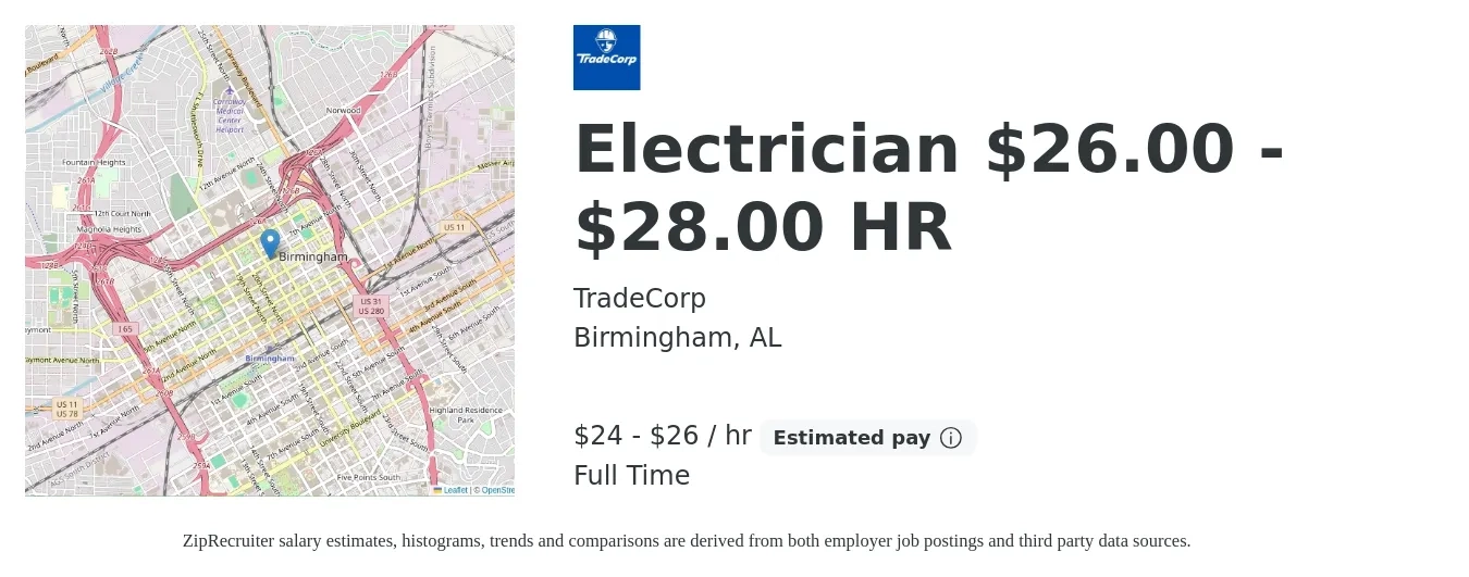 TradeCorp job posting for a Electrician $26.00 - $28.00 HR in Birmingham, AL with a salary of $25 to $28 Hourly with a map of Birmingham location.