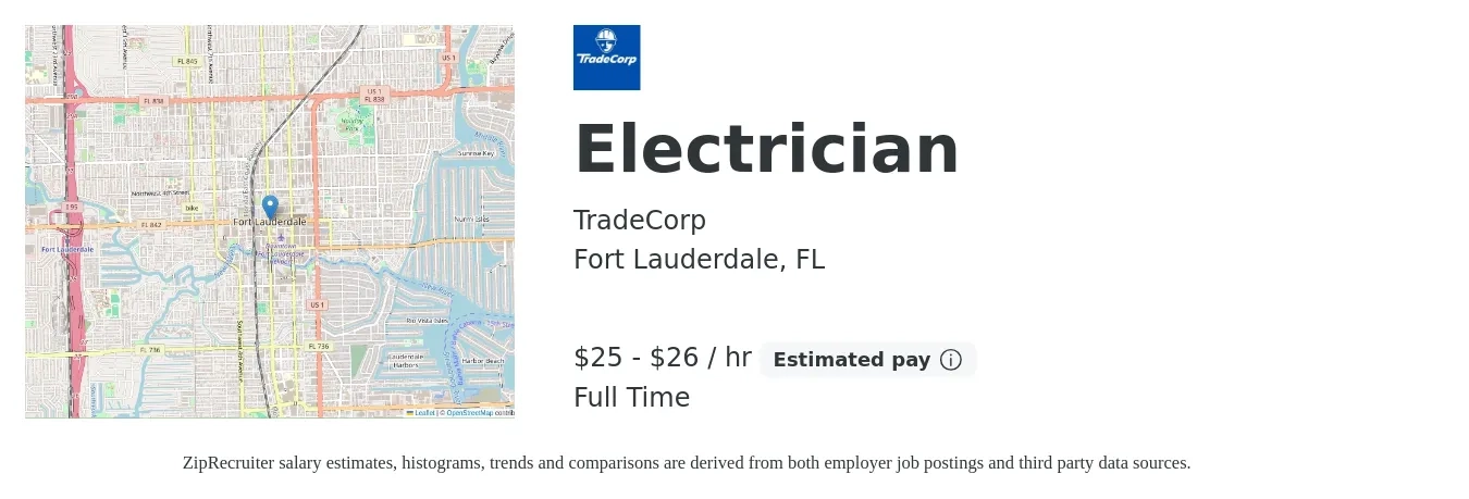 TradeCorp job posting for a Electrician in Fort Lauderdale, FL with a salary of $26 to $28 Hourly with a map of Fort Lauderdale location.