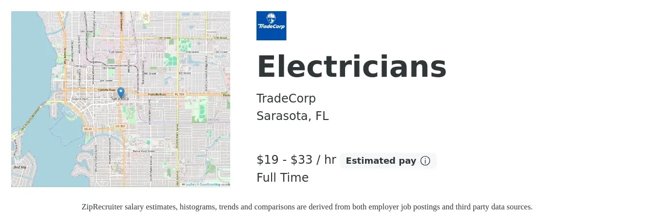 TradeCorp job posting for a Electricians in Sarasota, FL with a salary of $20 to $35 Hourly with a map of Sarasota location.