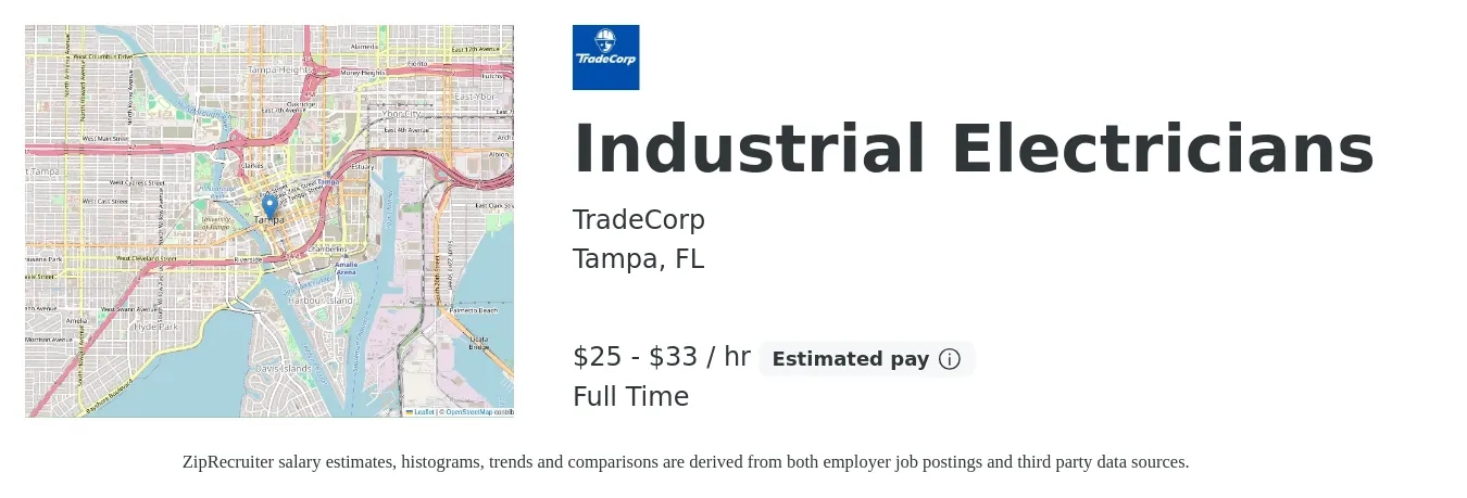 TradeCorp job posting for a Industrial Electricians in Tampa, FL with a salary of $26 to $35 Hourly with a map of Tampa location.