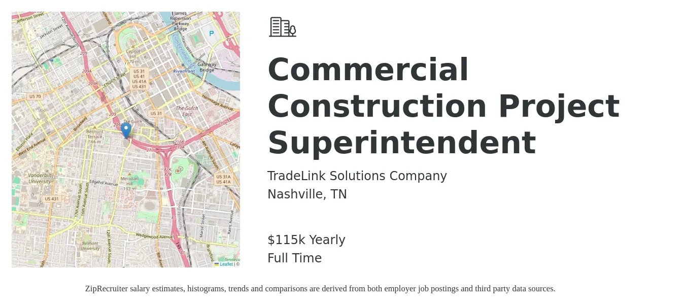 TradeLink Solutions Company job posting for a Commercial Construction Project Superintendent in Nashville, TN with a salary of $115,000 Yearly with a map of Nashville location.