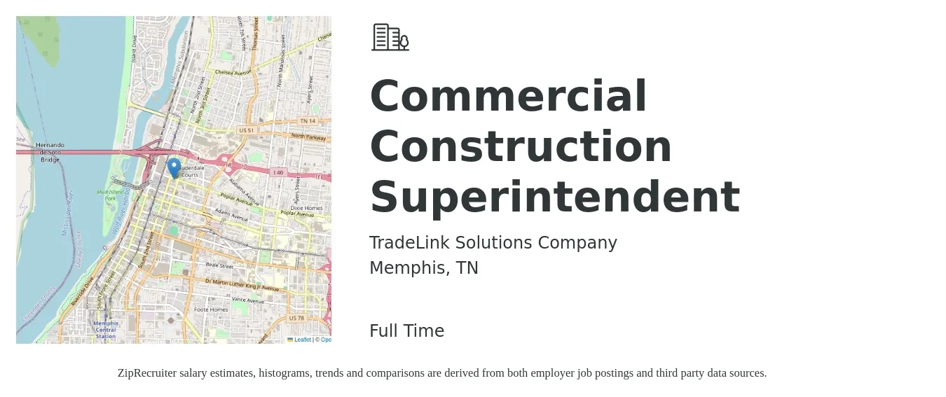 TradeLink Solutions Company job posting for a Commercial Construction Superintendent in Memphis, TN with a salary of $75,400 to $105,300 Yearly with a map of Memphis location.