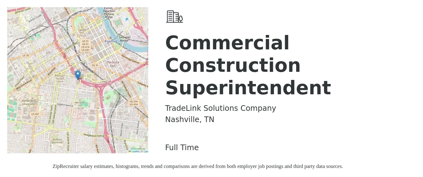 TradeLink Solutions Company job posting for a Commercial Construction Superintendent in Nashville, TN with a salary of $81,600 to $114,000 Yearly with a map of Nashville location.