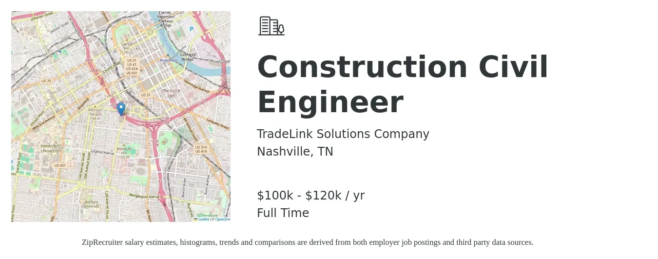 TradeLink Solutions Company job posting for a Construction Civil Engineer in Nashville, TN with a salary of $100,000 to $120,000 Yearly with a map of Nashville location.