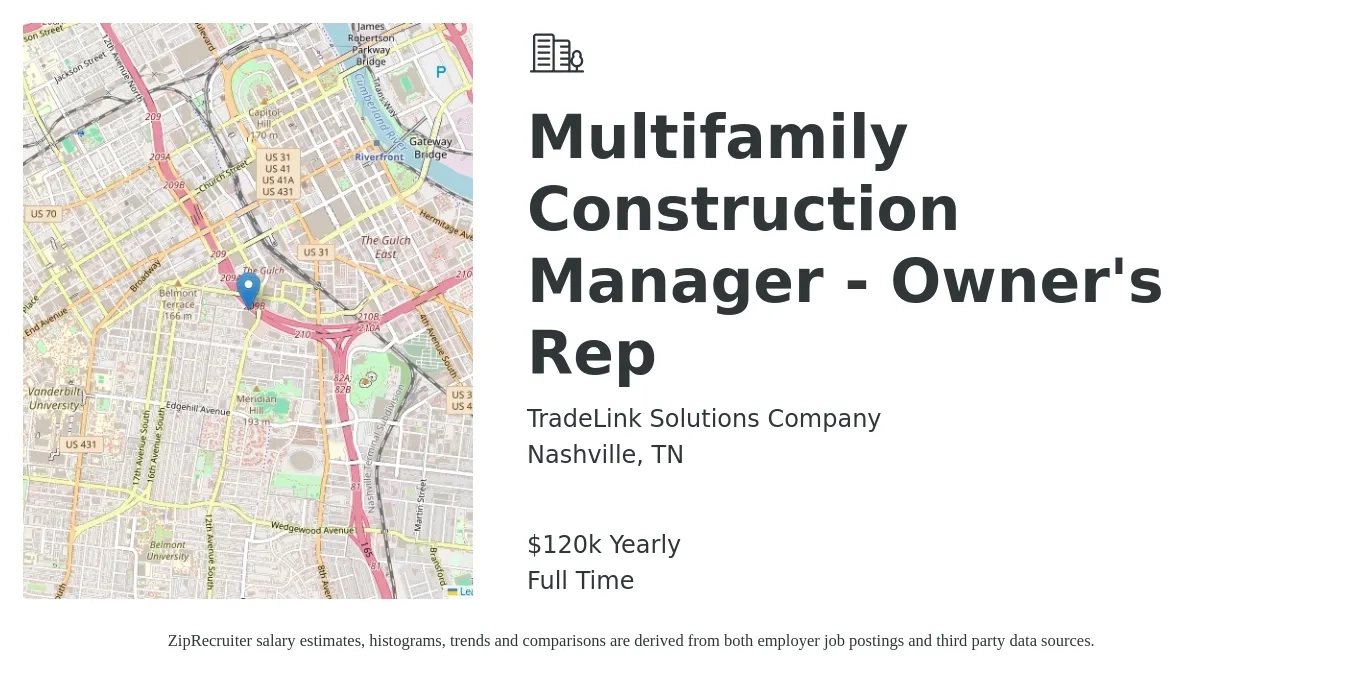 TradeLink Solutions Company job posting for a Multifamily Construction Manager - Owner's Rep in Nashville, TN with a salary of $120,000 Yearly with a map of Nashville location.
