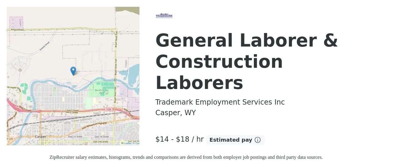 Trademark Employment Services Inc job posting for a General Laborer & Construction Laborers in Casper, WY with a salary of $15 to $19 Hourly with a map of Casper location.
