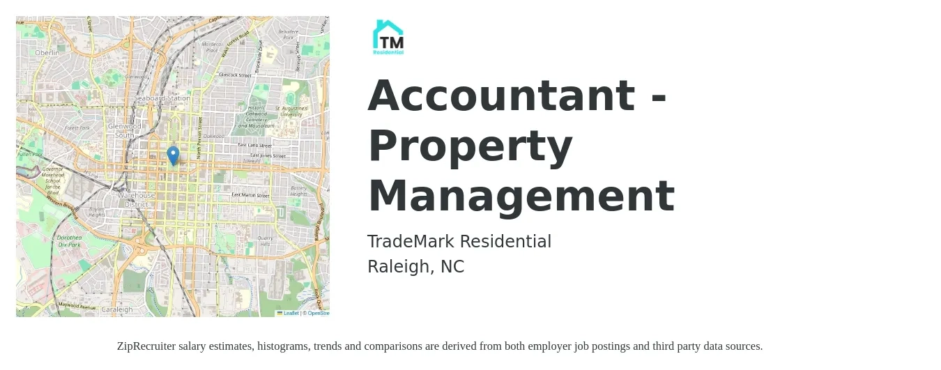 TradeMark Residential job posting for a Accountant - Property Management in Raleigh, NC with a salary of $59,800 to $78,200 Yearly with a map of Raleigh location.