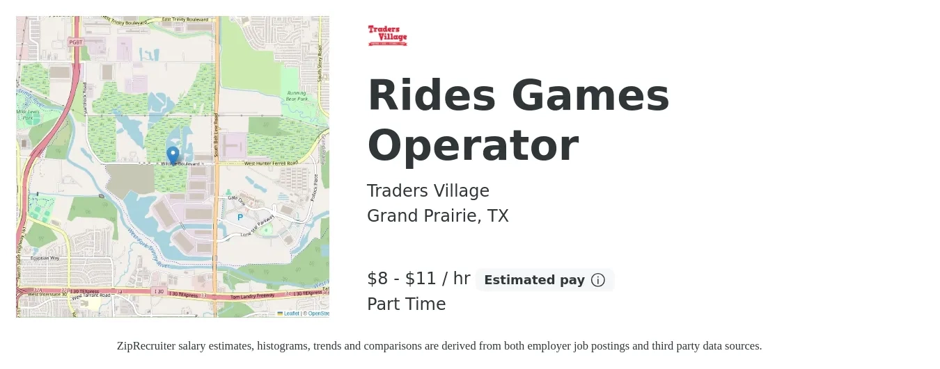 Traders Village job posting for a Rides Games Operator in Grand Prairie, TX with a salary of $9 to $12 Hourly with a map of Grand Prairie location.