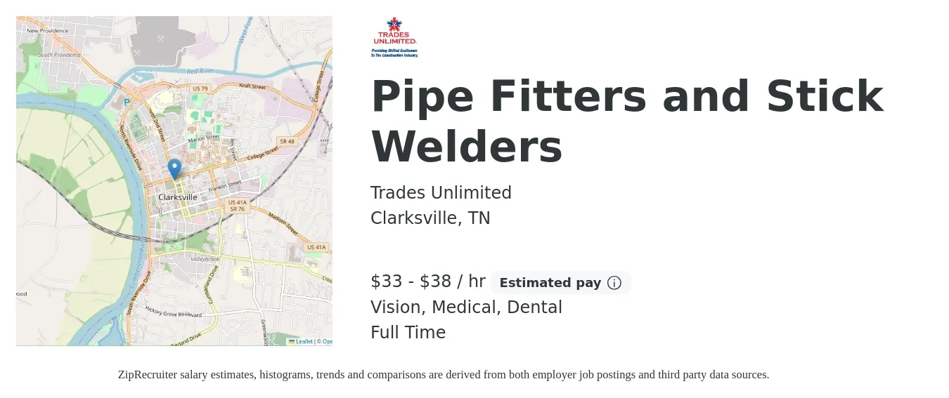 Trades Unlimited job posting for a Pipe Fitters and Stick Welders in Clarksville, TN with a salary of $35 to $40 Hourly and benefits including dental, medical, retirement, and vision with a map of Clarksville location.